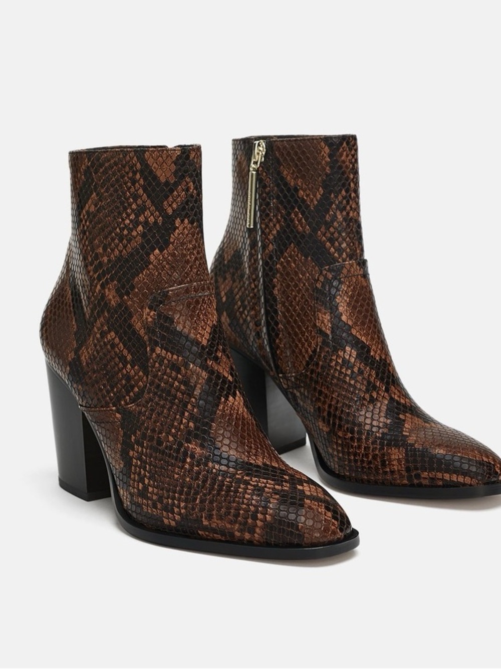 Zara Brown Snake-Print Leather Ankle Boots